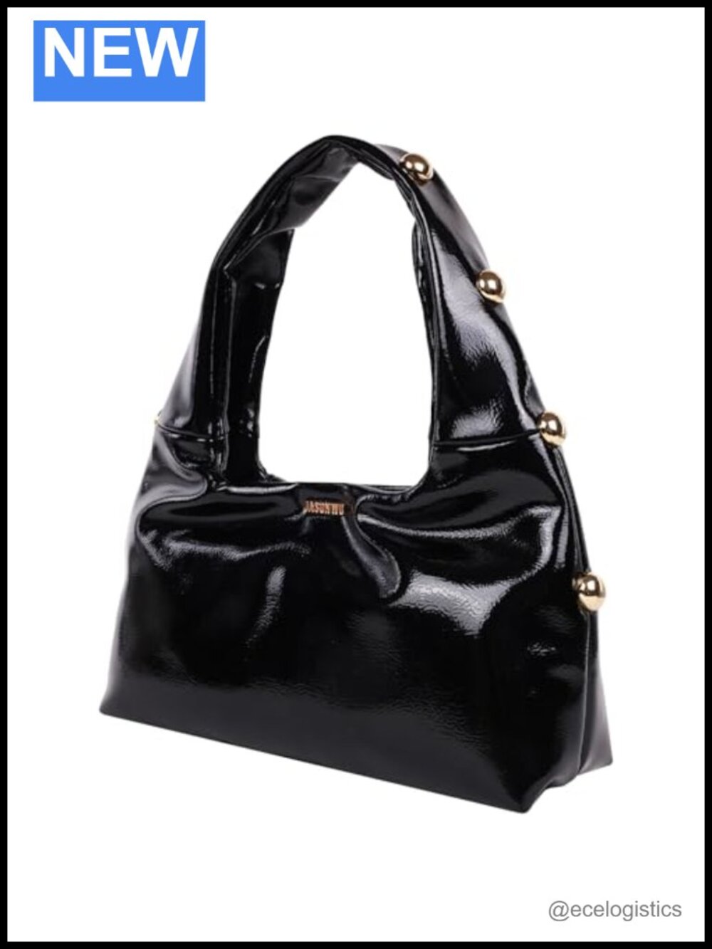 Studded Shoulder Bag Crackled High Gloss Gold Hardware PU Satchel